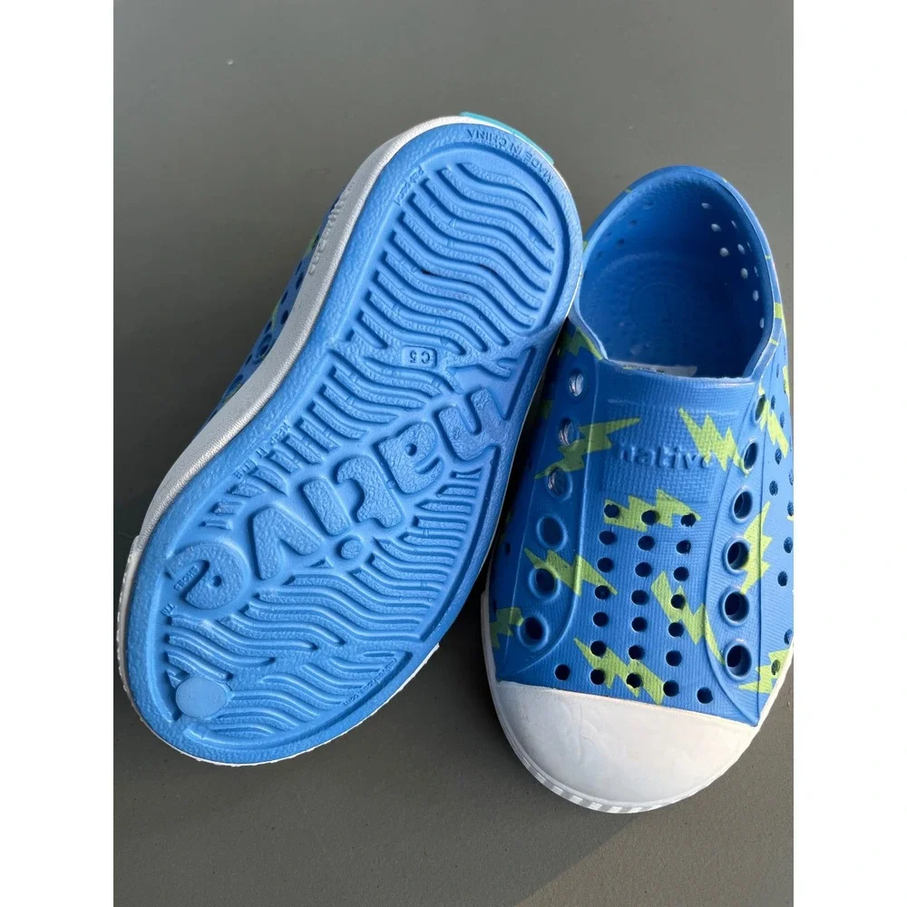 Native Jefferson Print Kids Blue Green Lightning Bolt Slip On Shoes Size C5
